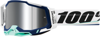 Bill's Exhausts 100% Racecraft 2 Goggles in Arsham silver mirror with tinted lenses, designed for motocross or racing use.
