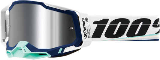 Bill's Exhausts 100% Racecraft 2 Goggles in Arsham silver mirror with tinted lenses, designed for motocross or racing use.
