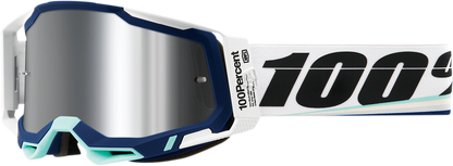 Bill's Exhausts 100% Racecraft 2 Goggles with silver mirror lenses, featuring a sleek design and adjustable straps.
