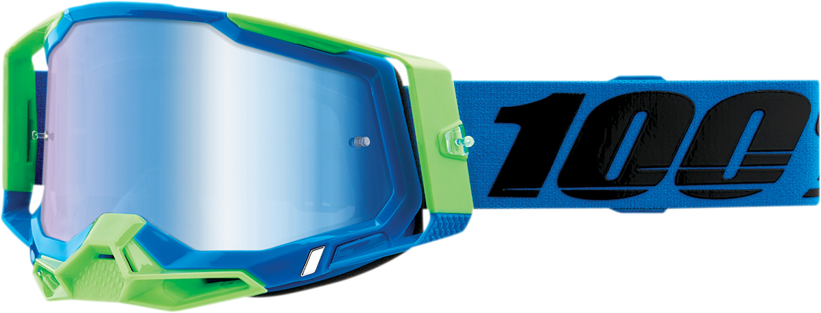 Bill's Exhausts Racecraft 2 goggles with blue mirror lenses, featuring a sleek design and adjustable strap for racing and outdoor use.