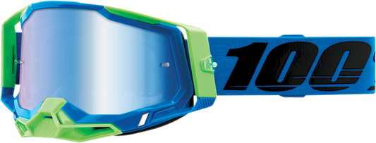 Bill's Exhausts Racecraft 2 goggles with blue mirror lenses, featuring a sleek design and adjustable strap for racing and outdoor use.