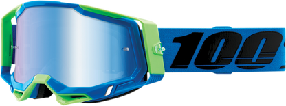 Bill's Exhausts 100% Racecraft 2 goggles in Fremont blue mirror with tinted lenses and adjustable strap.