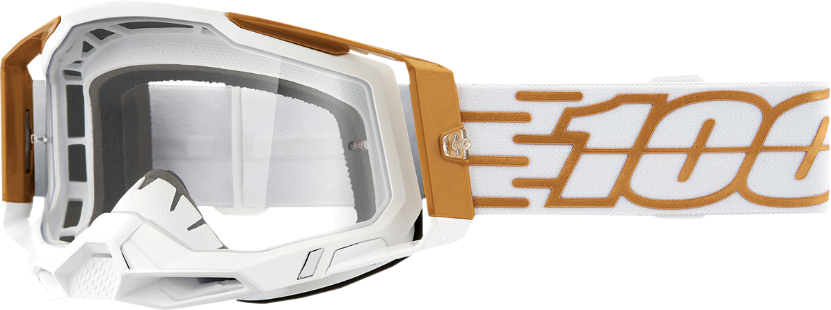 Bill's Exhausts Racecraft 2 Goggles Mayfair Clear lens, snug fit, and adjustable strap for motocross or racing activities.