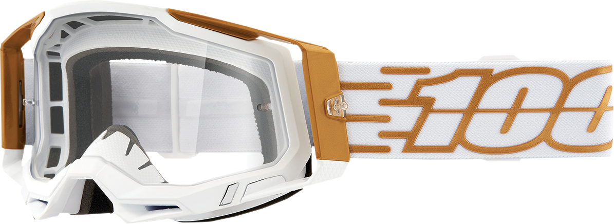 Bill's Exhausts 100% Racecraft 2 Goggles in Mayfair clear lens with adjustable strap, designed for motocross and racing.