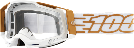 Bill's Exhausts 100% Racecraft 2 Goggles in Mayfair clear lens with adjustable strap, designed for motocross and racing.