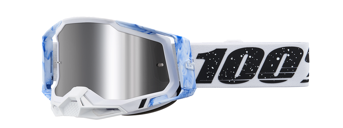 Bill's Exhausts Racecraft 2 goggles with silver flash mirror lenses, designed for high-performance racing and motorcycle riding.