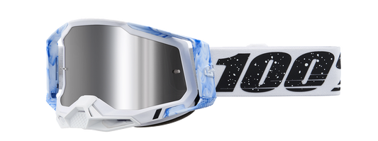 Bill's Exhausts Racecraft 2 goggles with silver flash mirror lenses, designed for high-performance racing and motorcycle riding.