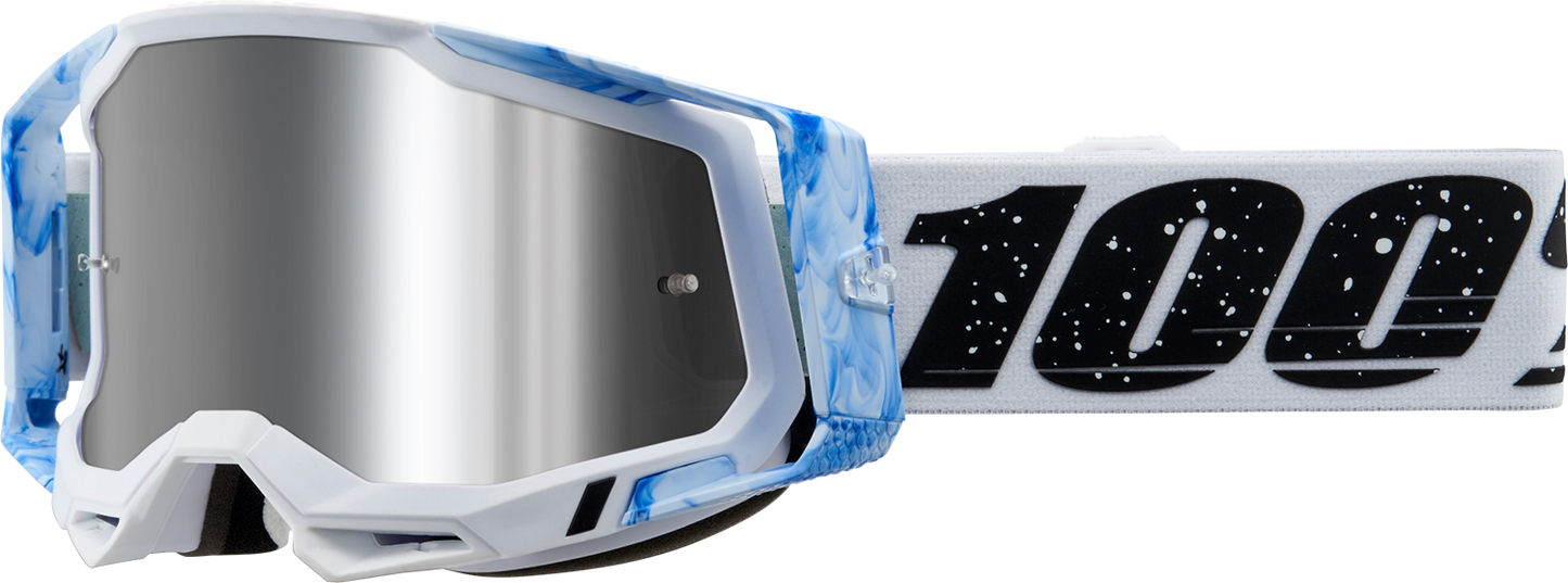 Bill's Exhausts 100% Racecraft 2 goggles in Silver Flash Mirror with tinted lenses, designed for motocross or racing enthusiasts.