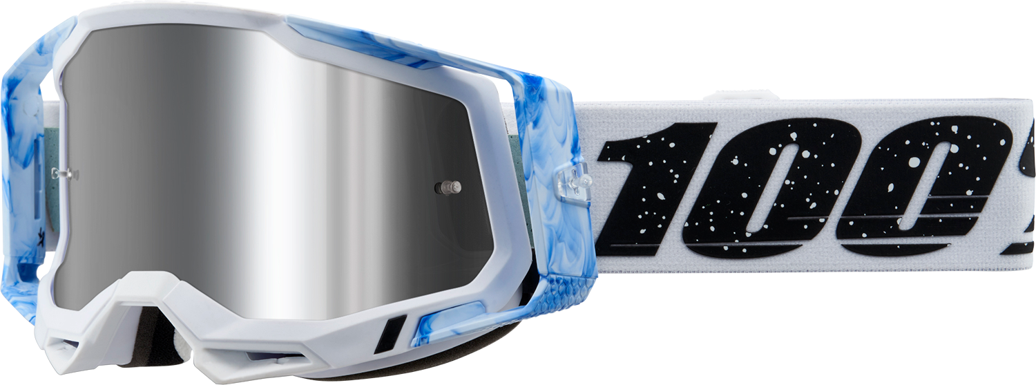 Bill's Exhausts 100% Racecraft 2 goggles in Silver Flash Mirror with tinted lenses, designed for motocross or racing enthusiasts.