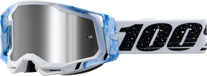 Bill's Exhausts 100% Racecraft 2 goggles in Silver Flash Mirror with tinted lenses, designed for motocross or racing enthusiasts.