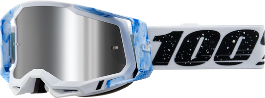 Bill's Exhausts 100% Racecraft 2 goggles in Silver Flash Mirror with tinted lenses, designed for motocross or racing enthusiasts.