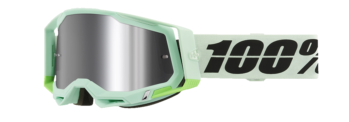 Bill's Exhausts 100% Racecraft 2 Palomar goggles with silver flash mirror lenses, featuring a sleek, aerodynamic design.