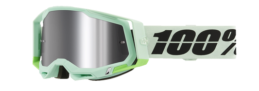 Bill's Exhausts 100% Racecraft 2 Palomar goggles with silver flash mirror lenses, featuring a sleek, aerodynamic design.