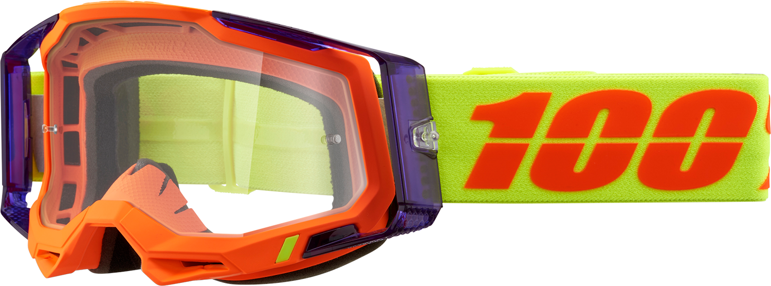 Bill's Exhausts 100% Racecraft 2 Panam Clear goggles with tinted lens and adjustable strap for motocross riding.