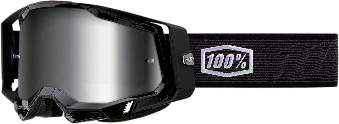 Bill's Exhausts 100% Racecraft 2 goggles with silver mirror lenses, featuring a sleek design for racing and motocross riding.