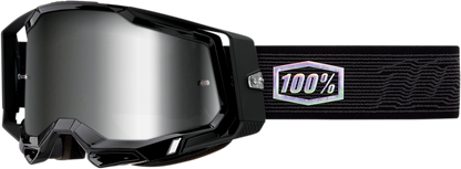 Bill's Exhausts 100% Racecraft 2 goggles with silver mirror lenses, featuring a sleek design for racing and motocross riding.