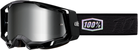 Bill's Exhausts 100% Racecraft 2 goggles with silver mirror lenses, featuring a sleek design for racing and motocross riding.