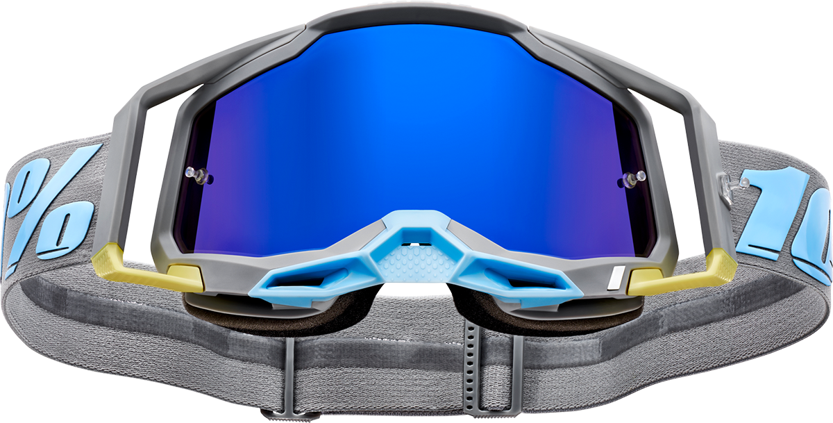 Bill's Exhausts Racecraft 2 Goggles in Trinidad Blue Mirror with tinted lenses, designed for racing and outdoor activities.