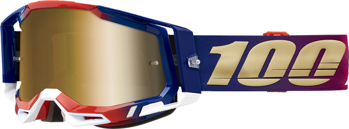 Bill's Exhausts 100% Racecraft 2 goggles in True Gold with tinted lenses, featuring a sleek design for motocross and off-road riding.