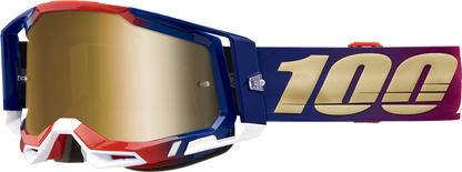 Bill's Exhausts 100% Racecraft 2 goggles in True Gold with tinted lenses, featuring a sleek design for motocross and off-road riding.