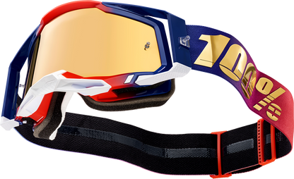 Bill's Exhausts 100% Racecraft 2 goggles in true gold with tinted lenses, featuring a sleek design for motocross racing.