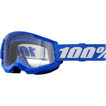 Bill's Exhausts 100% Strata 2 goggles in blue and clear with adjustable strap, designed for motorcycle or sports use.