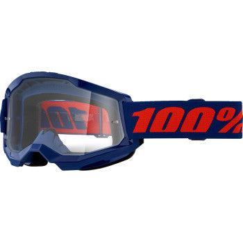 Bill's Exhausts 100% Strata 2 Navy and Clear Goggles with adjustable strap and impact-resistant lenses for outdoor riding.