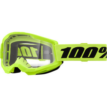 Bill's Exhausts 100% Strata 2 goggles in neon yellow with clear lenses, designed for motocross or off-road riding.
