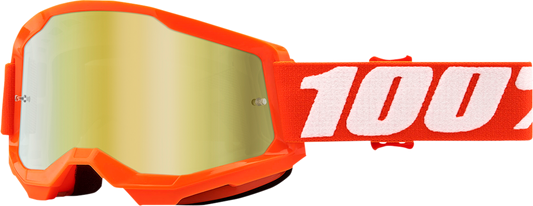 Bill's Exhausts 100% Strata 2 goggles in orange with gold mirror lenses, featuring a sleek design for riding protection.