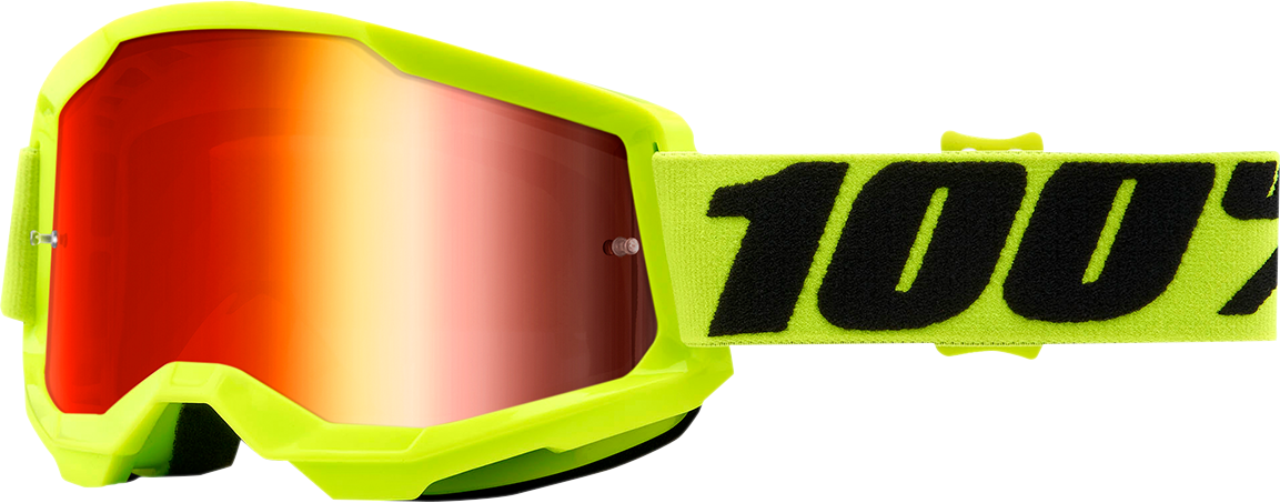 Bill's Exhausts 100% Strata 2 goggles in yellow with red mirror lenses, designed for motocross and off-road riding.