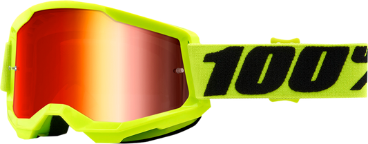 Bill's Exhausts 100% Strata 2 goggles in yellow with red mirror lenses, designed for motocross and off-road riding.