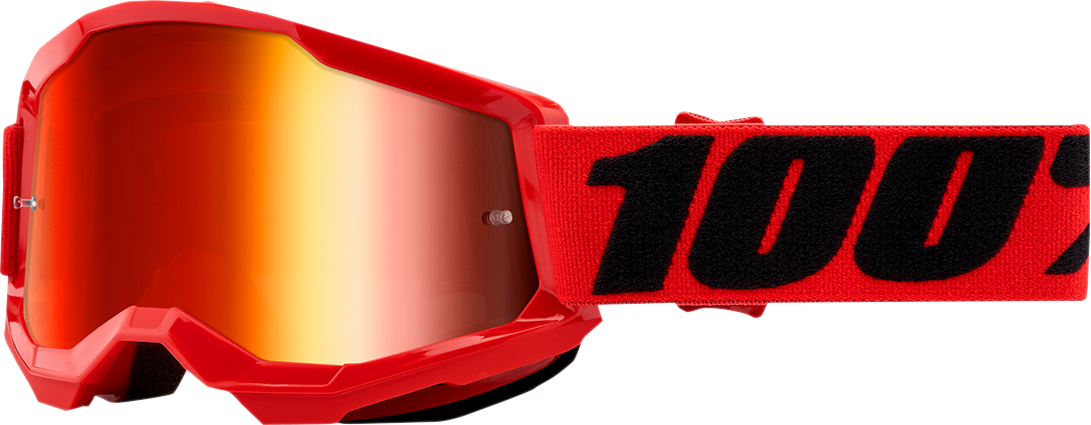 Bill's Exhausts 100% Youth Strata 2 goggles in red with red mirror lenses, designed for motocross or off-road riding.