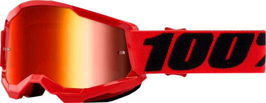 Bill's Exhausts 100% Youth Strata 2 goggles in red with red mirror lenses, designed for motocross or off-road riding.