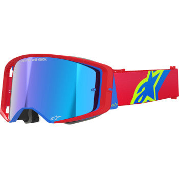 Alpinestars Supertech Goggle in red and blue with blue mirror lens, featuring ABS Vision, designed for competitive motorsports.