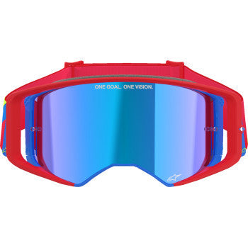 Alpinestars Supertech Goggle in red and blue with blue mirror lens, featuring ABS Vision, designed for high-performance motocross riding.