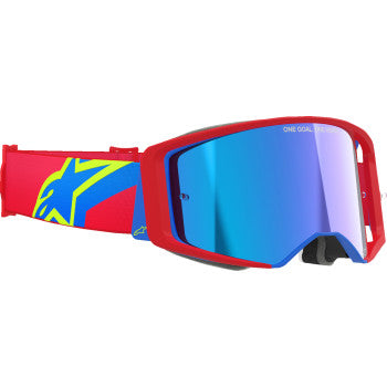 Alpinestars Supertech Goggle in red and blue with blue mirror lens, featuring ABS Vision for motocross riding.