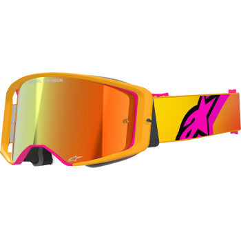 Alpinestars Supertech goggles with yellow and pink frame, red mirror lens, ABS vision, designed for high-performance riding.