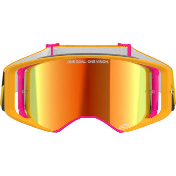 Alpinestars Supertech racing goggles in yellow and pink with red mirror lenses, featuring ABS vision for high-performance riding.
