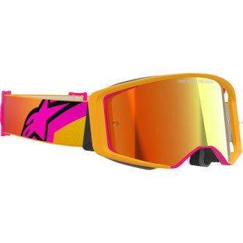 Alpinestars Supertech Goggle in yellow and pink with red mirror lens, featuring ABS vision, designed for high-performance racing.