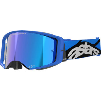 Alpinestars Supertech Goggle Stream in blue with mirror lens, designed for motorcycle racing.