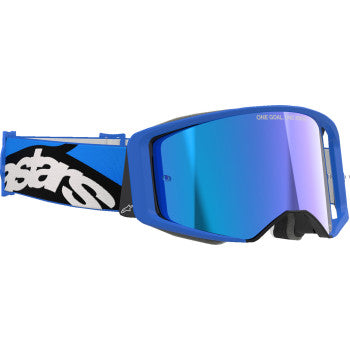 Alpinestars Supertech Goggle Stream in blue with blue mirror lens, racing goggles with adjustable strap for motorsport use.