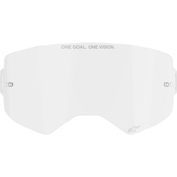Alpinestars Supertech goggles with clear lens, designed for motocross and racing, featuring a secure strap and aerodynamic frame.