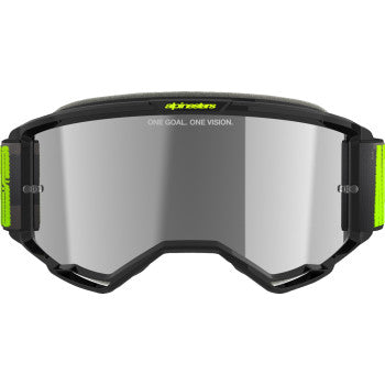 Alpinestars Vision 5 Goggle in Charcoal and Yellow Fluo with Silver Mirror lens, featuring a hollow design and adjustable strap.