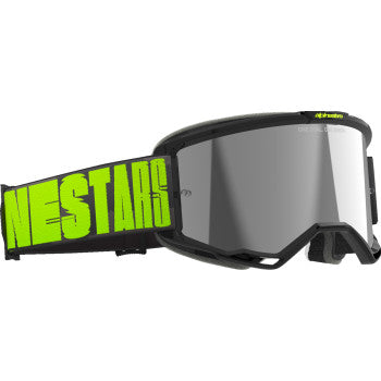 Alpinestars Vision 5 Goggle with hollow frame, charcoal and yellow fluo accents, silver mirror lens, designed for motorcycle riding.