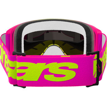Alpinestars Vision 5 Goggle with pink and yellow fluo frame, red mirror lens, featuring a wordmark design for racing or motocross.