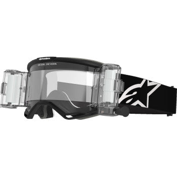 Alpinestars Vision 5 Roll-Off Goggles in black with clear lenses, designed for motorcycle or racing use.