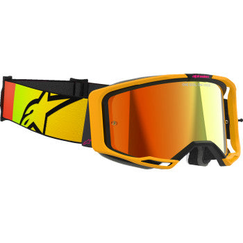Alpinestars Vision 8 Goggle in yellow, pink, and red mirror with black strap, designed for motocross and off-road riding.
