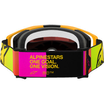 Alpinestars Vision 8 Goggle in yellow and pink with red mirror lens, designed for racing and motocross, showcasing sporty style.