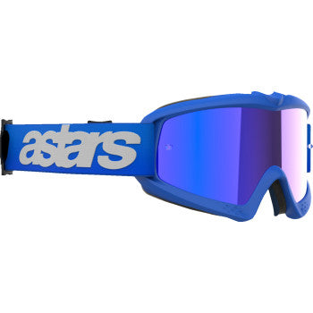 Alpinestars Youth Vision Goggle in Blaze Blue with Blue Mirror lens, designed for young riders, featuring a secure fit and clear vision.