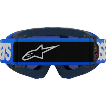 Alpinestars Youth Vision Goggle in blue with blue mirror lens, designed for kids' motocross or racing activities.